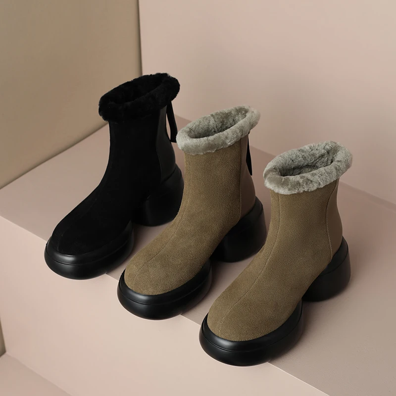 

2022 new European Russia winter ankle boots natural leather warm snow boots 22-24.5cm cowhide+suede+wool back zip wool boots