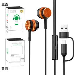 USB Type C Wired Headphones - 9D HiFi Stereo Earphones with Mic and Volume Control (Orange)