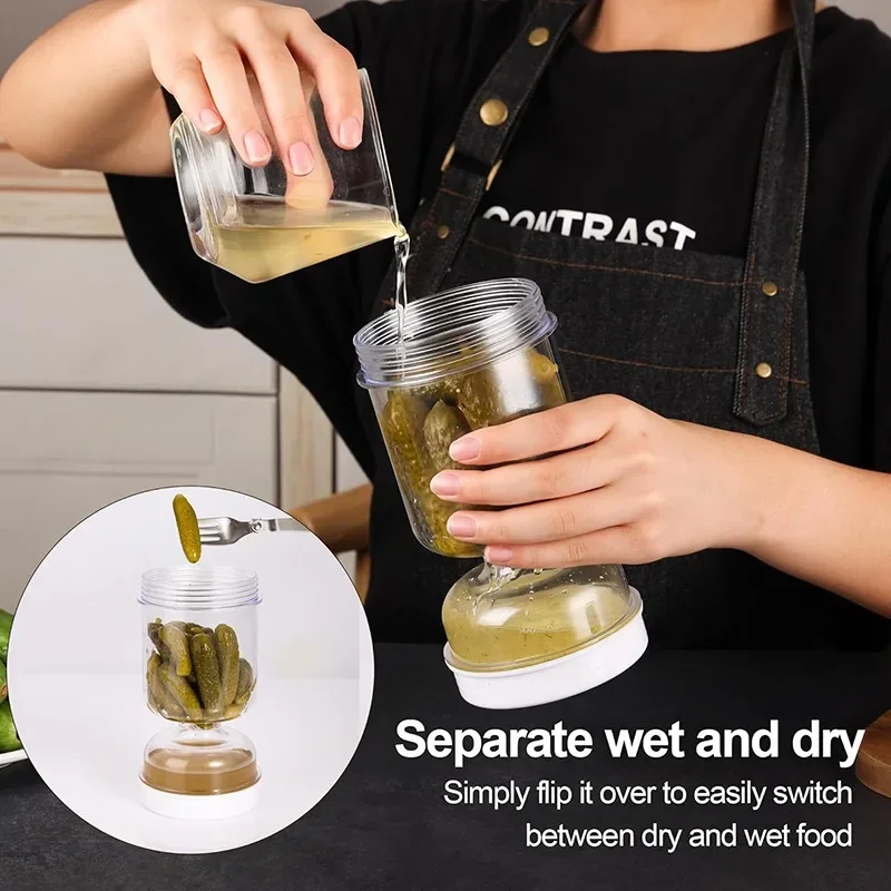 Pickles Jar With Forks Dry and Wet Dispenser Pickle Olives Hourglass Cucumber Container for Kitchen Juice Separator Tool 4