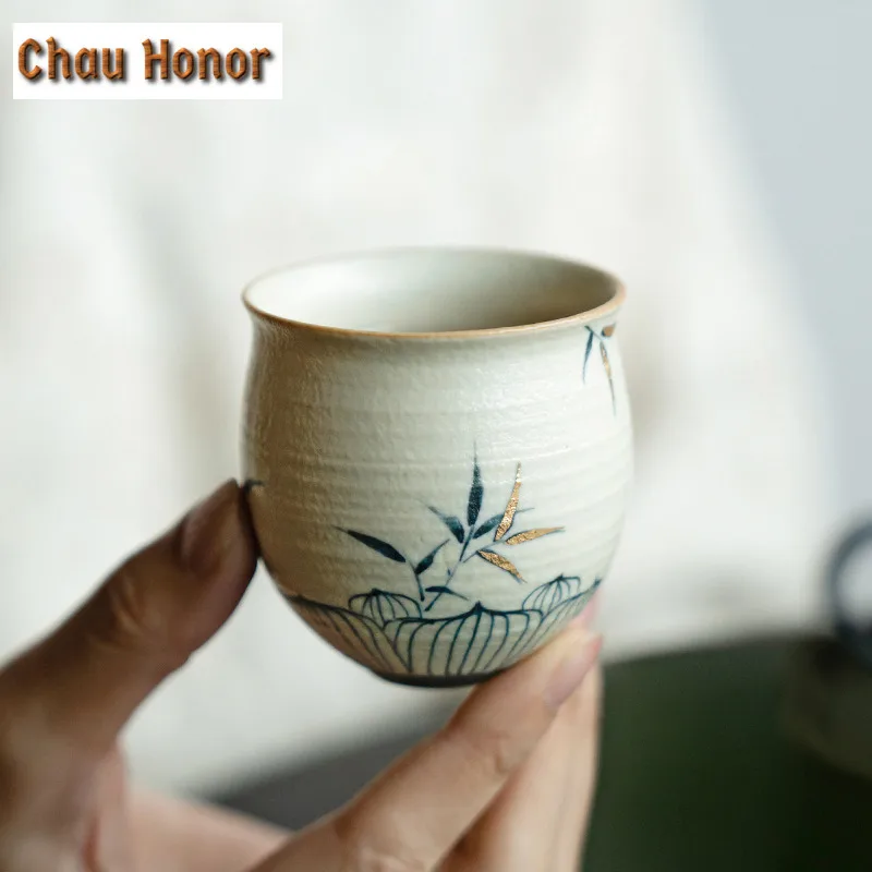 90ml Blue And White Flint Red Teacup Handmade Gold Drawing Bamboo Tea Bowl Zen Single Cups Smelling Cup Jianzhan Teaset Craft