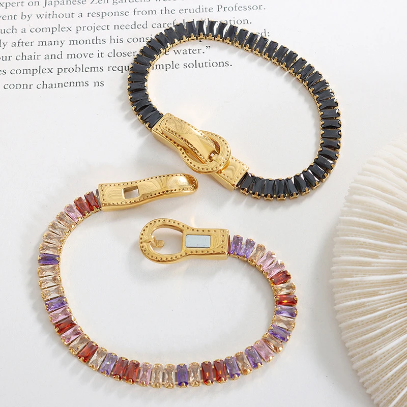 Colorful Zircon Elastic Belt Buckle Bracelet for Women – Trendy Stainless Steel Jewelry Accessory