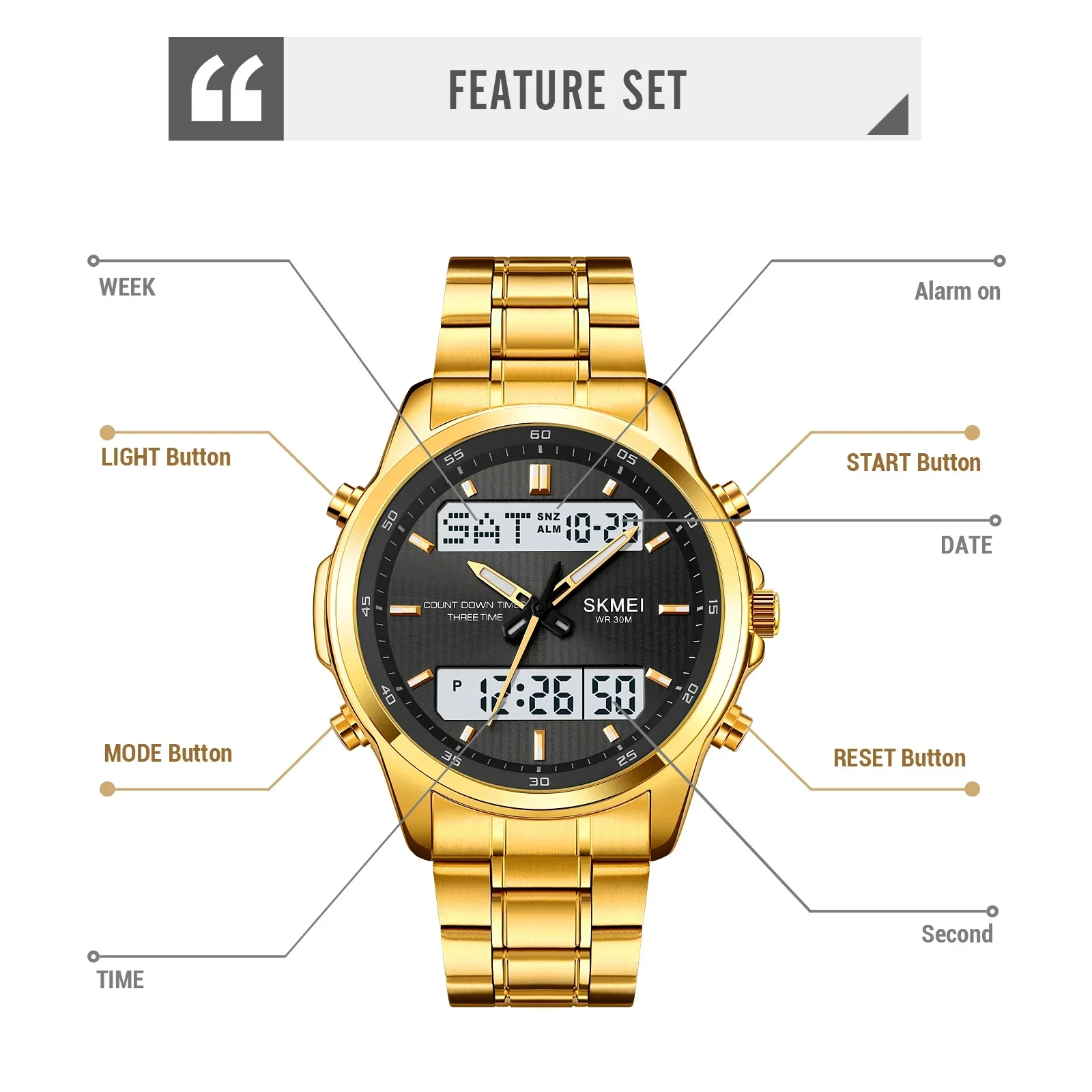 Skmei 2049 Mens Back Light Sport Watch Waterproof Alarm Clock Relogio Masculino 3 Time Countdown Timer Digital Wristwatches 5