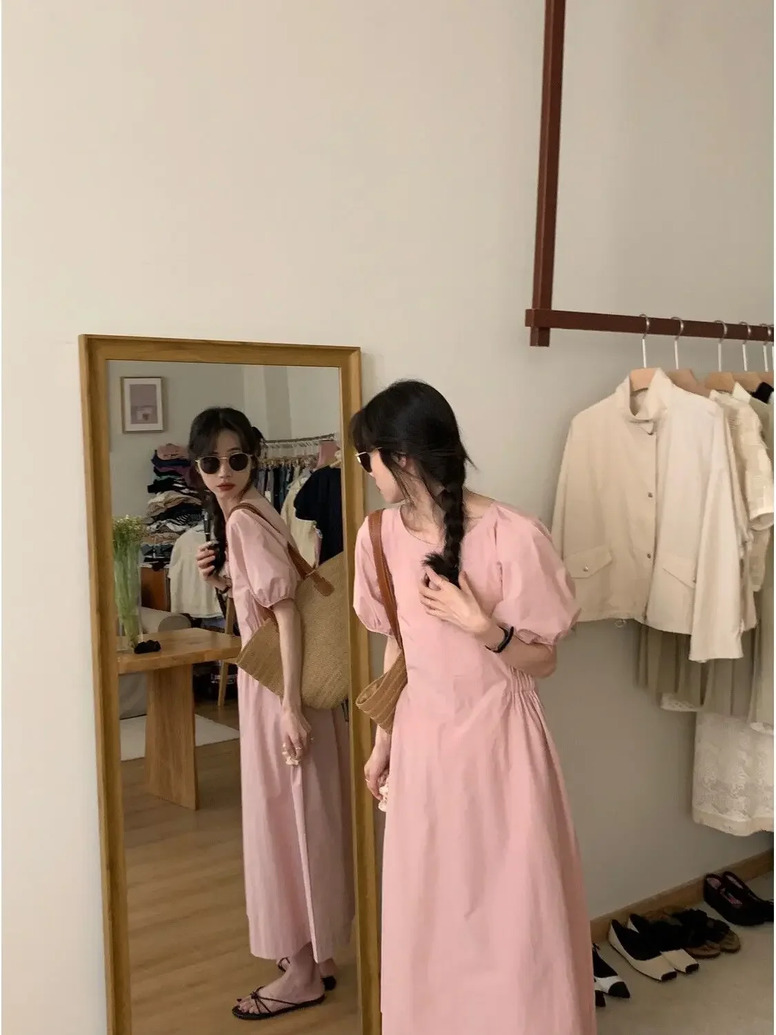 

Pink Color Puff Sleeve Summer Dress 2024 Short-sleeved Loose Fit Maxi Dress Solid Color Elastic Waist Slimming Clothing A05