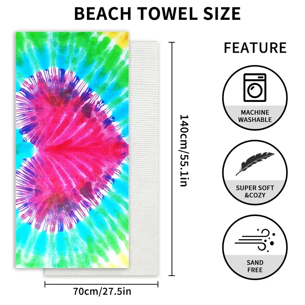 70*140cm New Beach Towel Tie-Dye Heart Printed Sand Free Quick Drying Beach Towel Holiday Absorbent Bath Towel for Travels