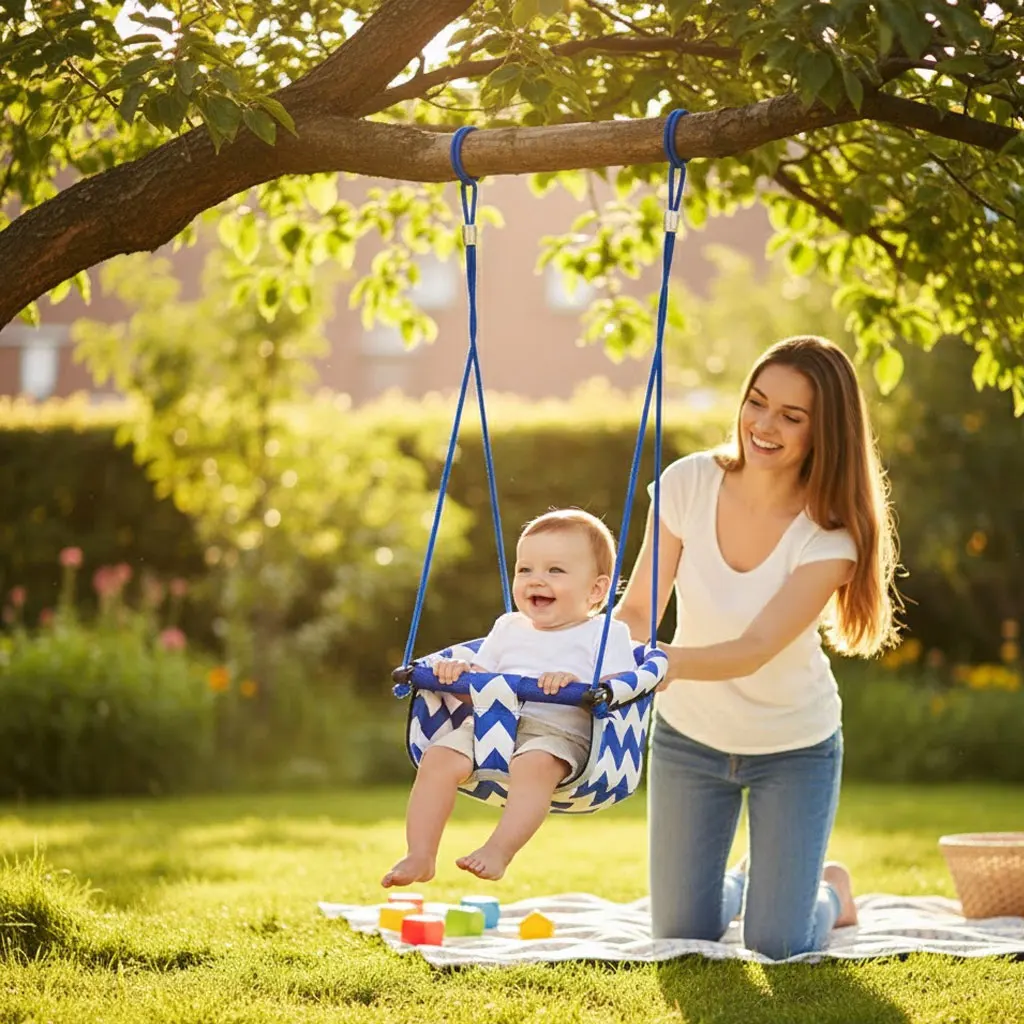 Toddler swing seat hanging outdoors with full bucket design