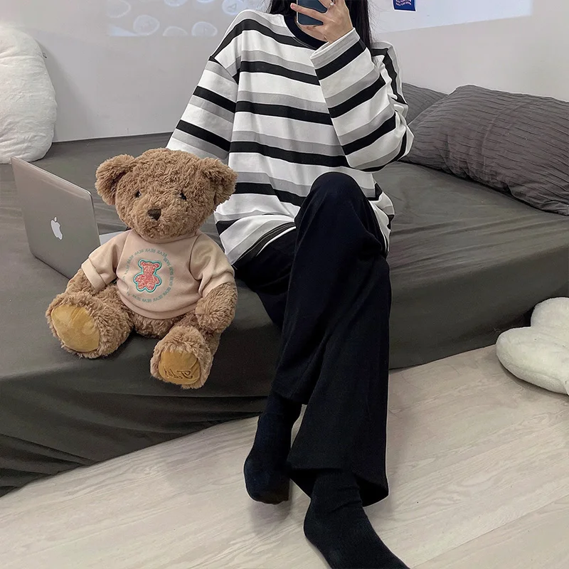 Spring/Summer 2023 Knitted Cotton like Padded Pajamas Women's Stripe Round Neck Pullover Casual Loose Slouchy Set Home Wear