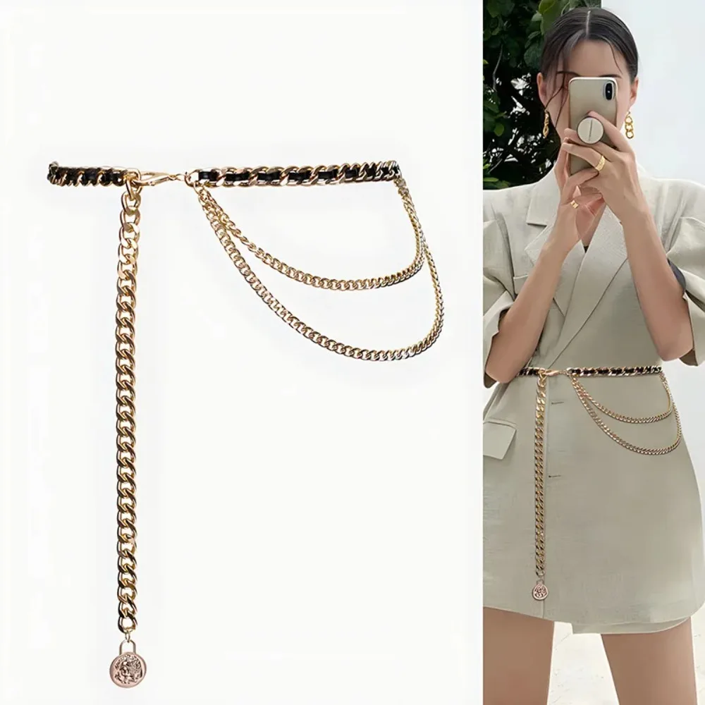 Fashion Metal Waist Chain Chain Strap Rope Adjustable Women Waistband Round Flower Pendant Dress Shirt Decoration Waistband