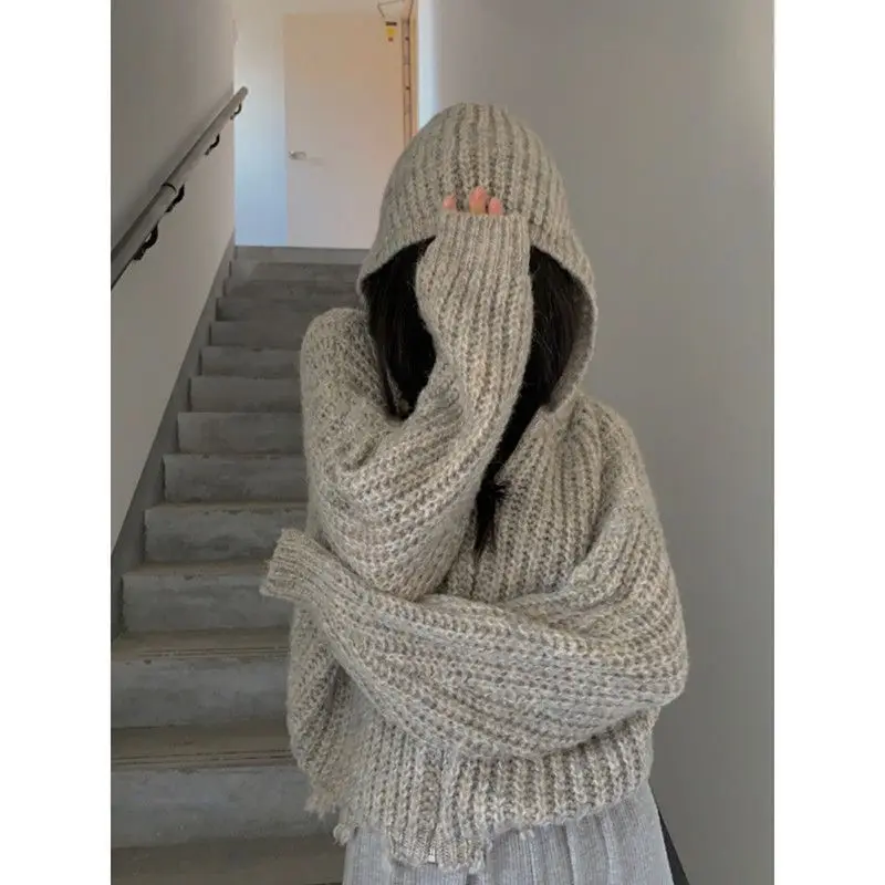 

Женский вязаный кардиган на молнии, повседневный Однотонный свитер свободного покроя, с длинным рукавом, в винтажном стиле, Осень-зима 2022