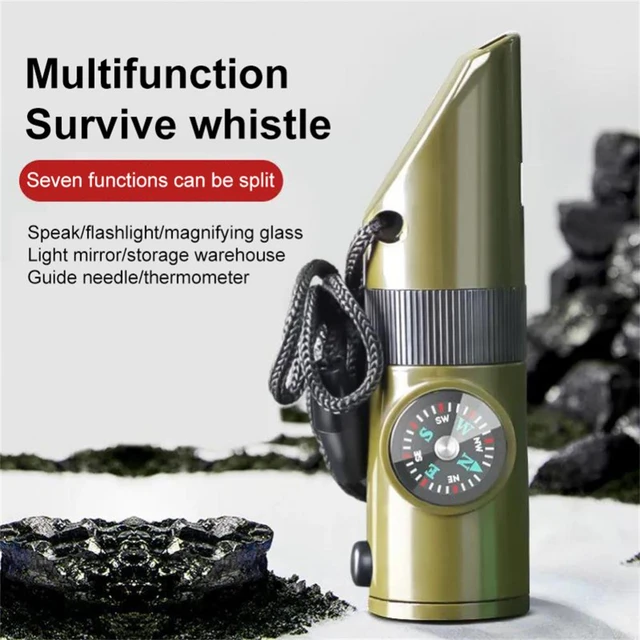 7 In 1 Emergency Survival Whistle Compass Multi-tool Magnifier Flashlight  Storage Container Thermometer Camping Hiking (1 Piece, Green)