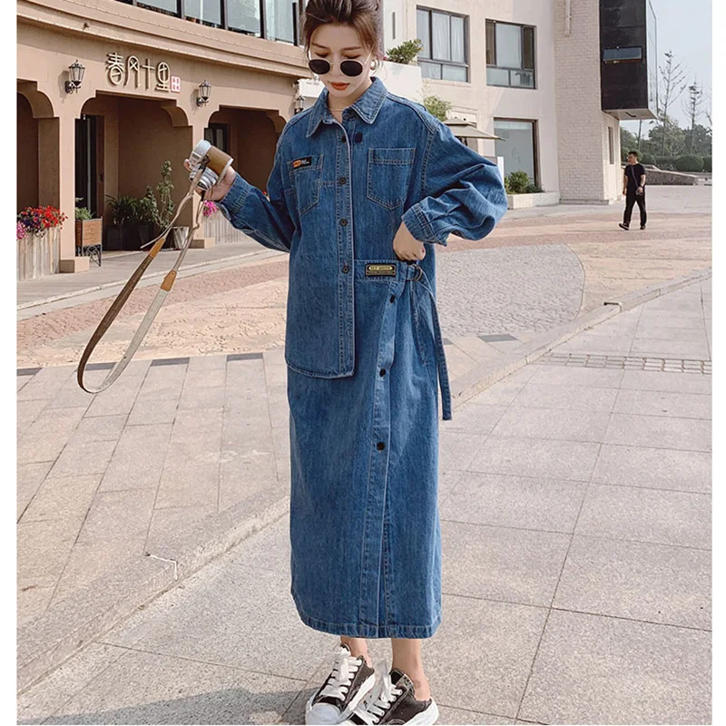Summer Denim Dress Women's Fashion Retro Lapel Long-sleeved Casual