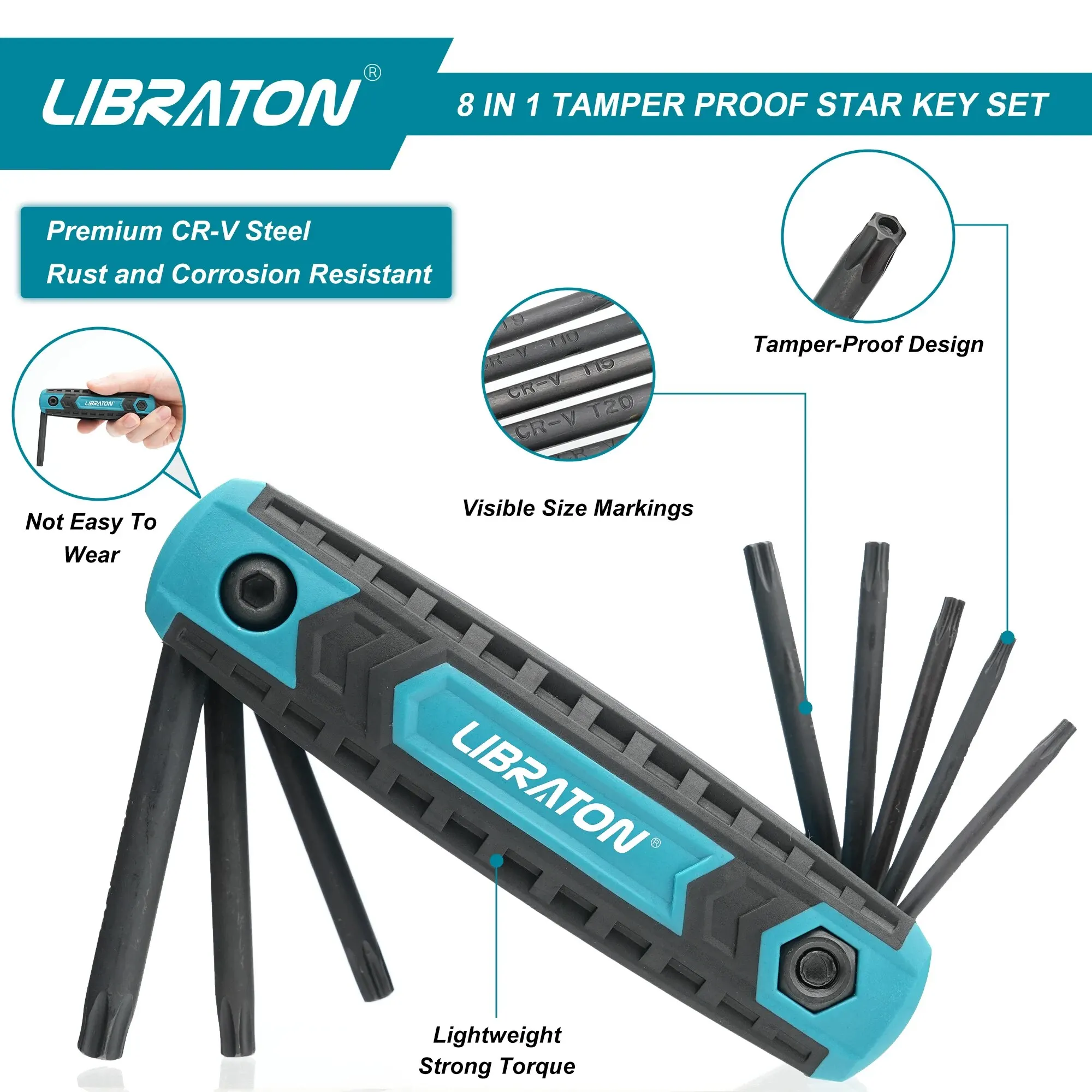 Libraton Premium Folding Security Torx Key Set - 8 Piece Tamper-Proof Star Key Collection