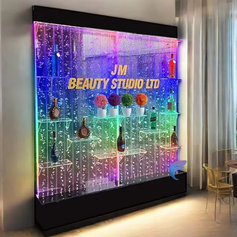 맞춤형 실내 RGB LED 색상변경 아크릴 버블 월 분수 및 룸 디바이더, 주류 진열대 포함