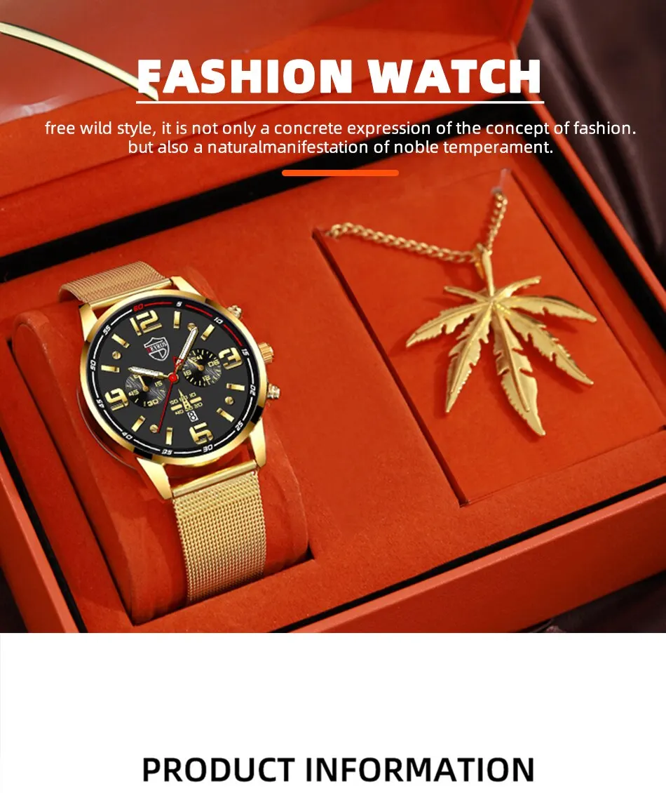 S9f527239cd5e4a80a481587bca8ebf59B 2PCS Fashion Mens Business Sports Watches Male Casual Stainless Steel Mesh Belt Quartz Watch Men Necklace Wrist Watch Mallzona