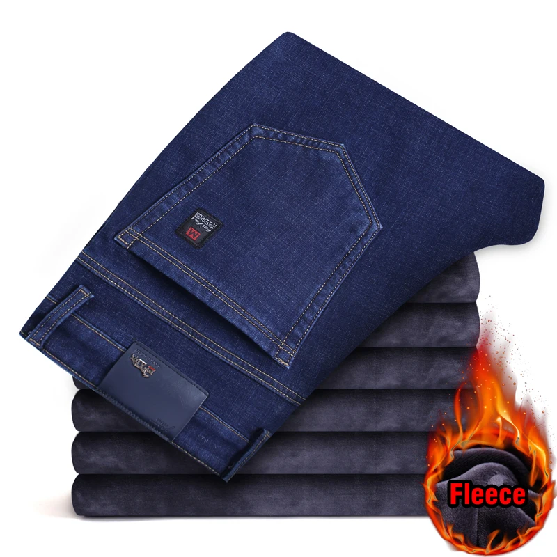 2024 Winter New Men's Warm Slim Fit Jeans Business Fashion Thicken Denim Trousers Fleece Stretch Brand Pants Black Blue 4