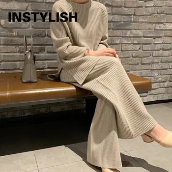 Women Elegant Sweater Suit Elegant Knitted Two Pieces Set Autumn Winter Oversized Pullover and Trousers Suit Female Outfits 2022 1