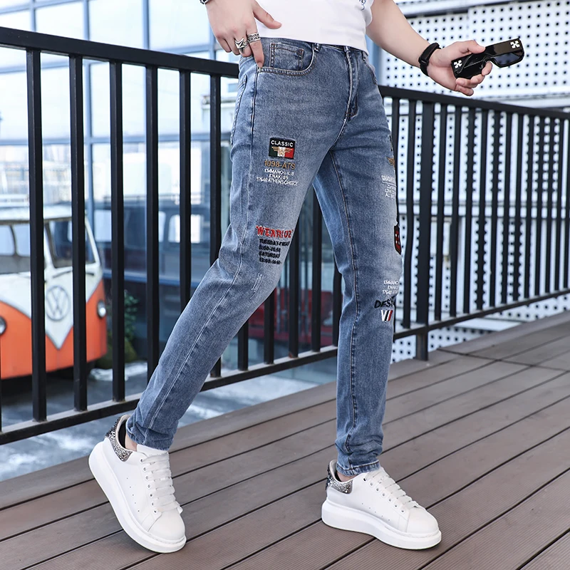 2024 new street shooting embroidered jeans tide summer men's pants trendy tight elastic small leg pants casual pants