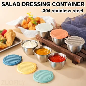 1pc Salad Dressing Container with 2.71oz/80ml Reusable Stainless Steel Cup and Leakproof Silicone Lids for Lunch Box and Picnic