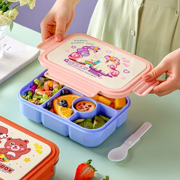 Cartoon Kids Bento Lunch Box With 4 Compartments Sauce Container Microwave Lunchbox for Children Leakproof Bento Box for School 1