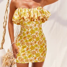 

Print Dresses for Women Floral Ruffle Bare Shoulder Strapless Sleeveless Fashion Beach Outing Party Evening Summer Mini Dress