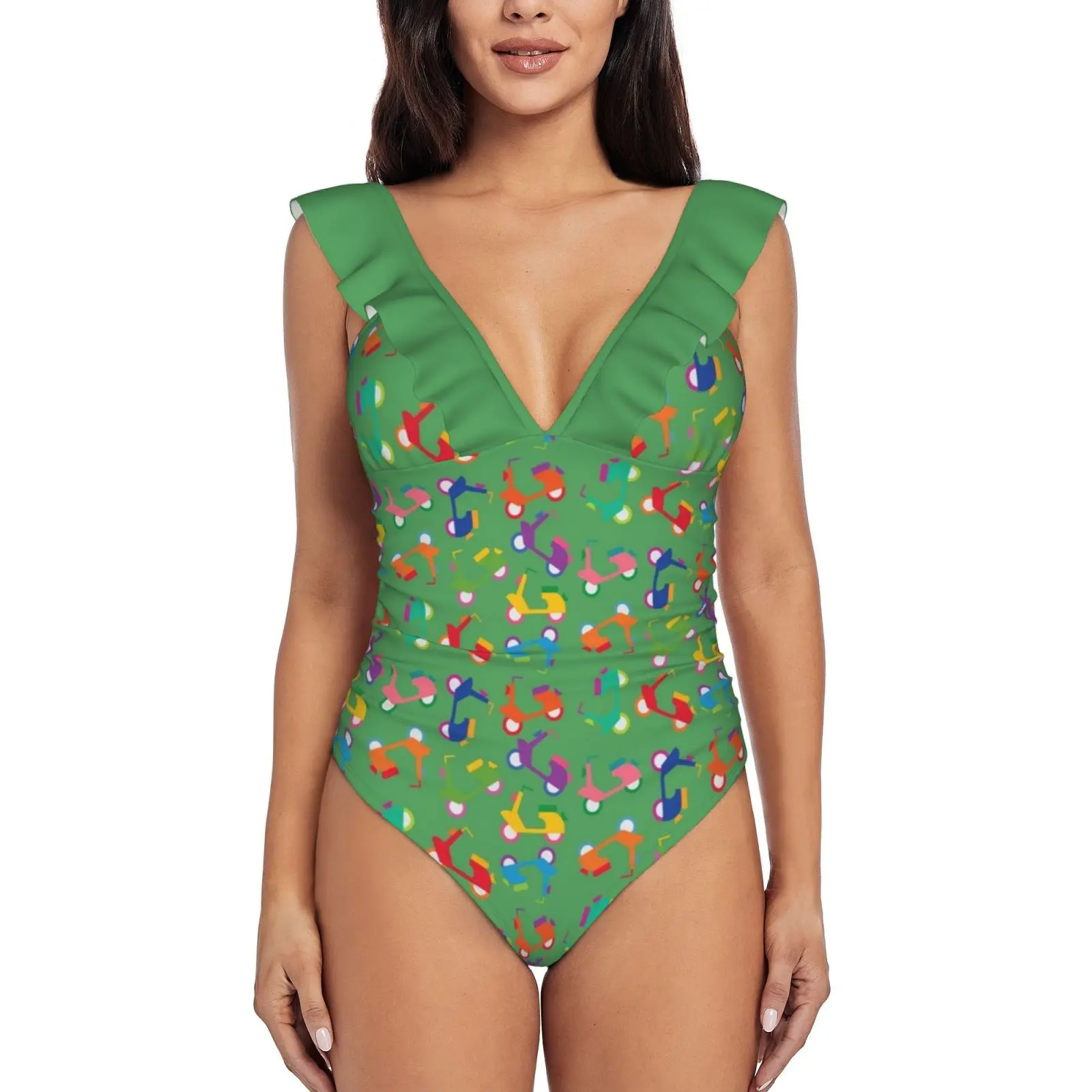 

Beep Beep Scooters-Green Sexy Ruffle Print Swimwear Women One Piece Swimsuit Female Monokini Bathing Suit Retro Scooters Red