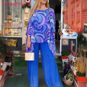 Alternative view of LKF 2024 Street Casual Women's Colorful Printed Chiffon Bat Sleeve T-shirt Loose Wide Leg Pants Two Piece Wholesale