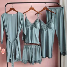 

5PCS Bride Bridesmaid Wedding Kimono Pajamas Sets Satin Lace Women Night Bathrobe Robe Gown Sexy Summer Chest Pads Sleepwear