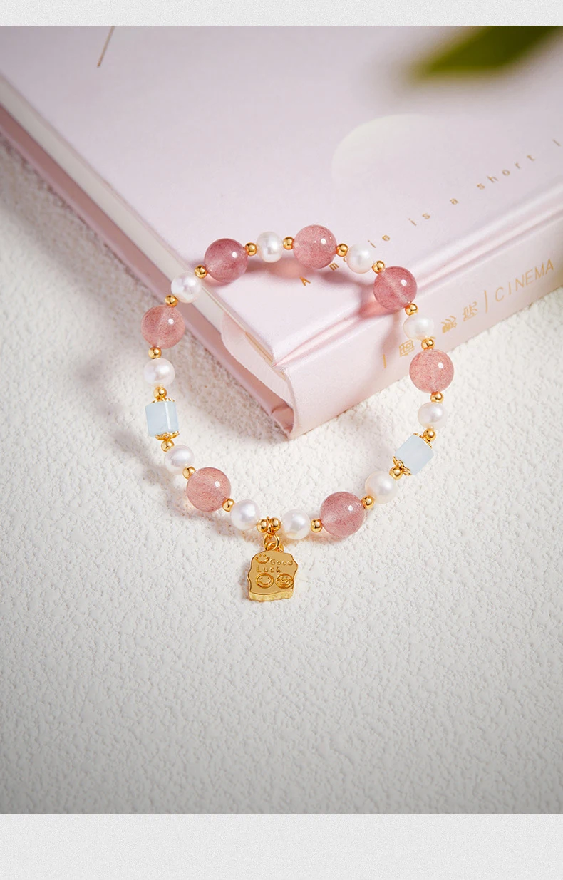 Natürliche Erdbeere Rosa Kristall Armband Frauen Geeignet für Liebe Ehe Weiße Blüte Perle Geschenk High-end-Temperament Schmuck – Detail 7