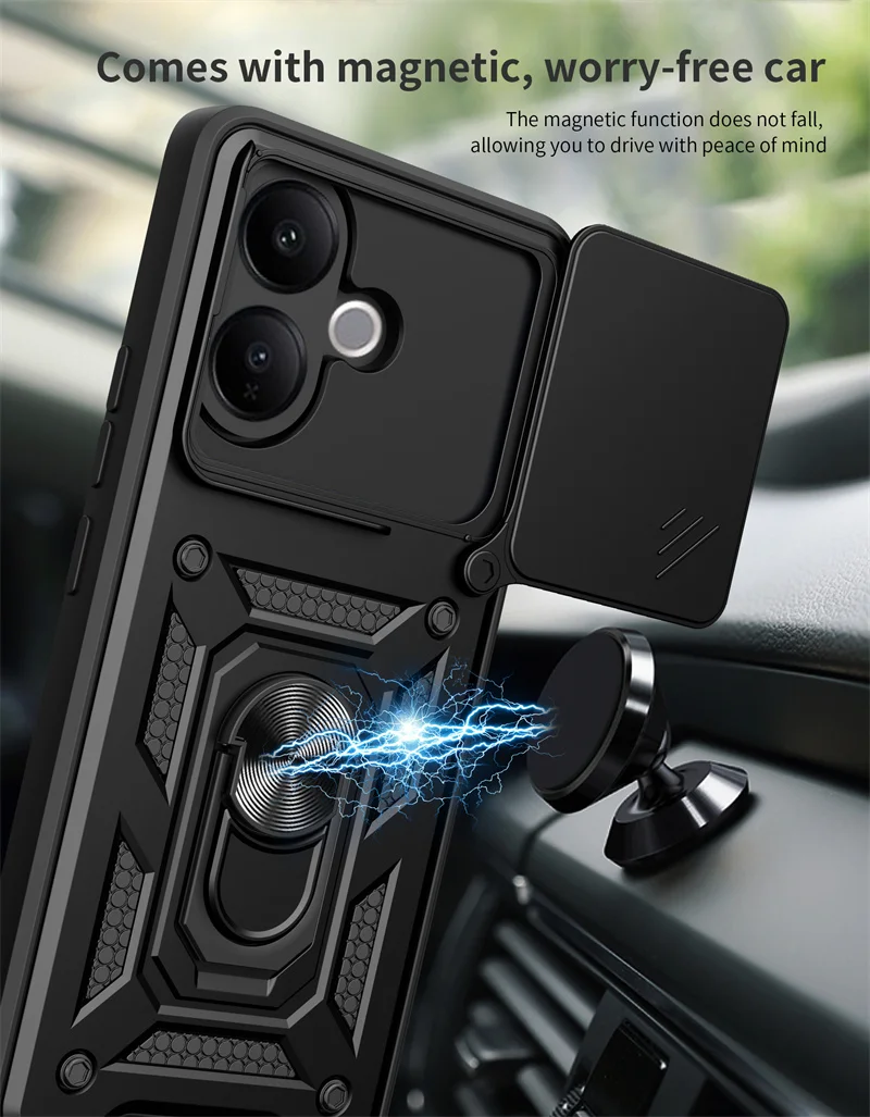Shockproof Ring Stand Phone Cover with Lens Protection and Magnetic Car Mount Holder