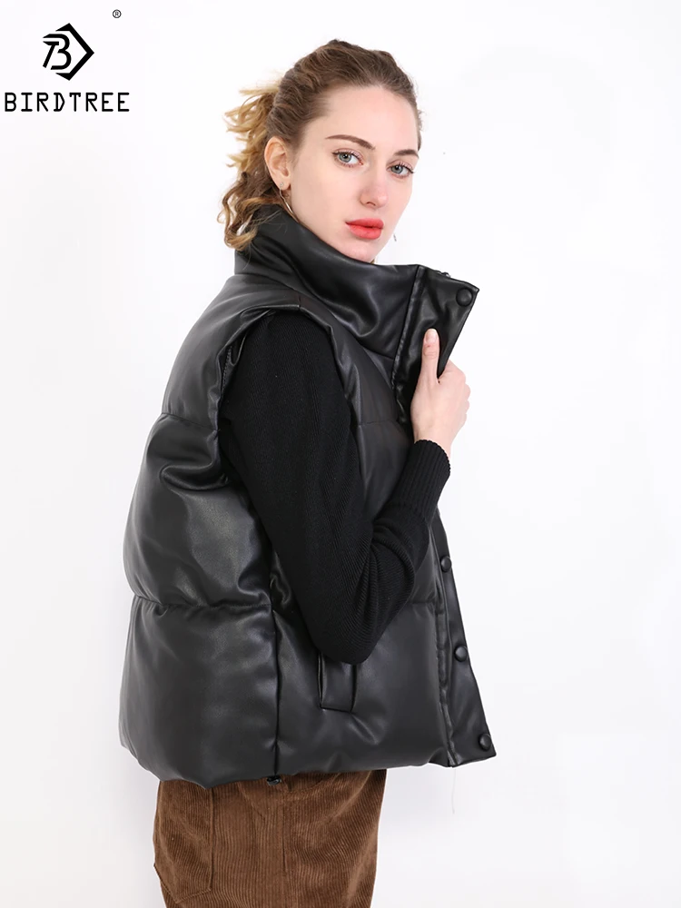 New Fashion Female Black Warm Faux Leather Vest Coat Casual Zipper Sleeveless Jacket Women Cotton Short Outwear C10702Y long puffer