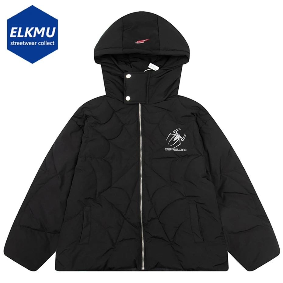 

2023 Winter Men Parkas Hooded Padded Jackets Spider Web Embroidery Bubble Coats Hip Hop Streetwear Harajuku Puffer Jacket Black