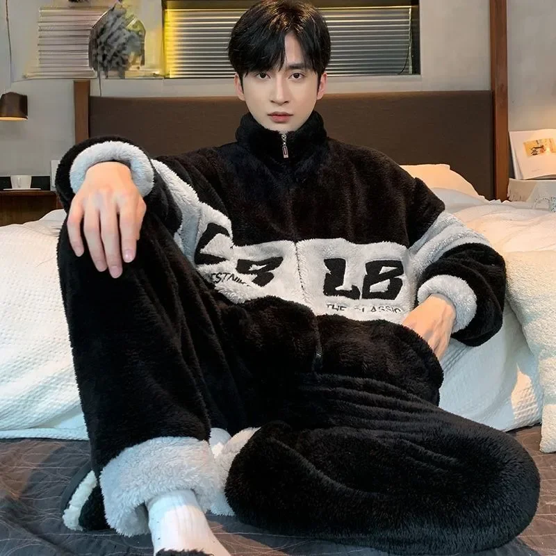 Male Pajamas Winter Men Coral Fleece Nightwear Thickened Flannel Autumn Homewear Loungewear Warm Large Size Sleepwear Sets 2024 winter kawaii cartoon pajamas sets flannel thick warm nightgown suit women coral fleece sleepwear girls cute homewear nightwear