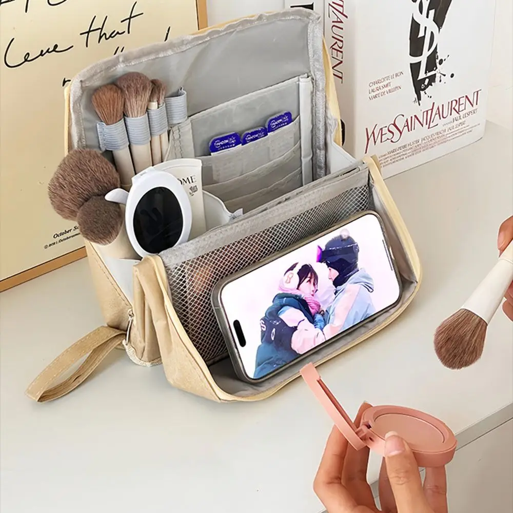 Tragbare stehende Make-up-Tasche aus Oxford-Stoff, wasserdicht, mit Fächern, Kosmetiktasche, großes Fassungsvermögen, Studenten-Stifttasche für Damen und Mädchen – Detail 3