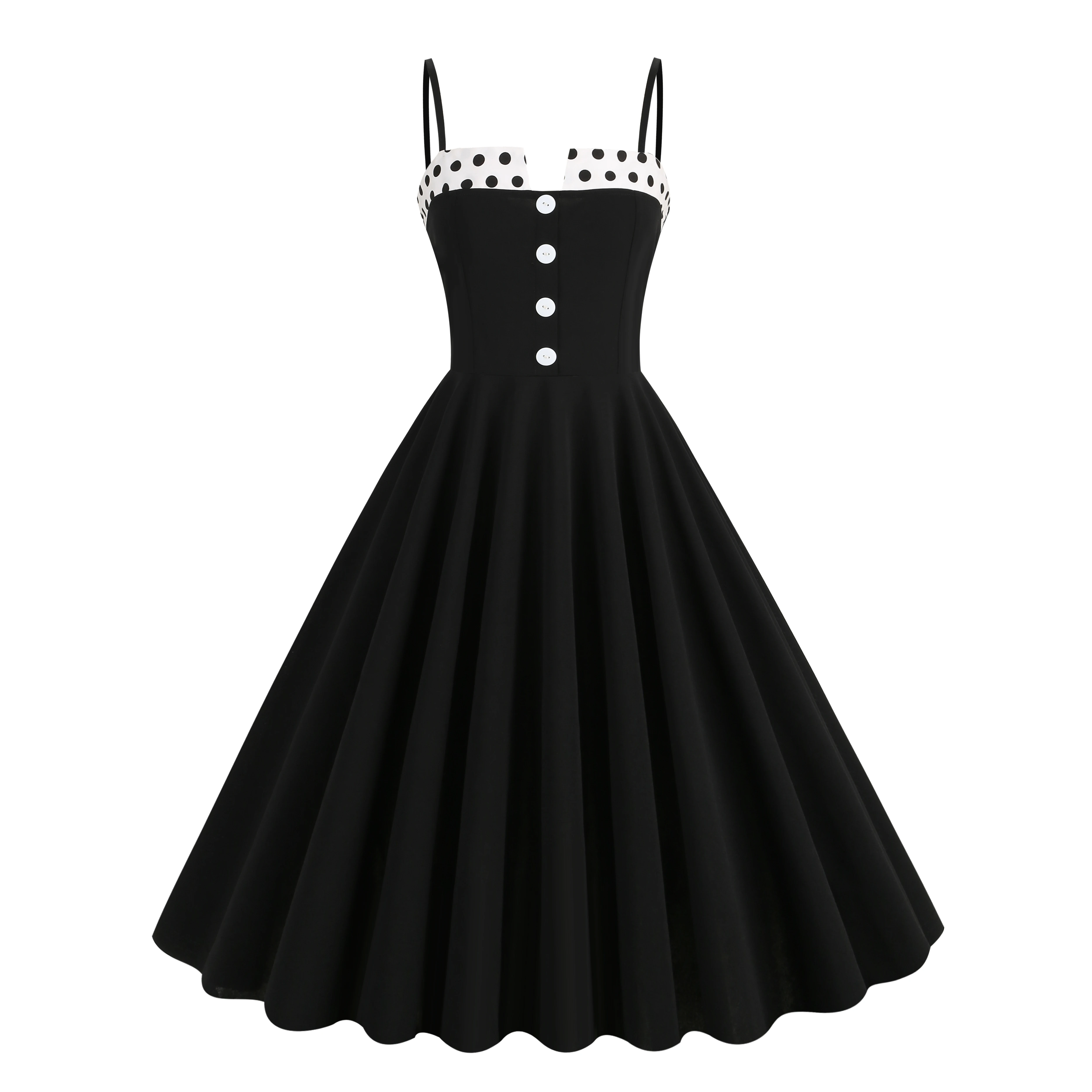 

SISHION Dotted Notch Neck Buttons Pinup Black Dresses for Women Spaghetti Strap Summer Backless Party Vintage Dress VD4166
