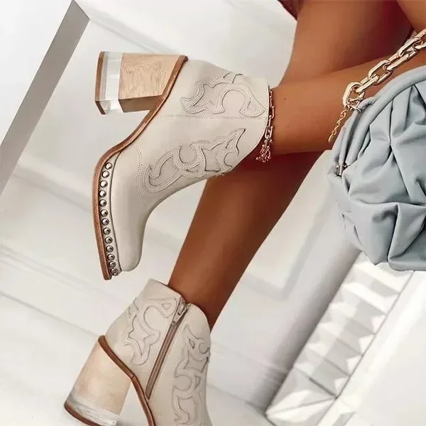 Bottines femme cuir talons bas broderie britannique - Chaussures soirée PU design cool
