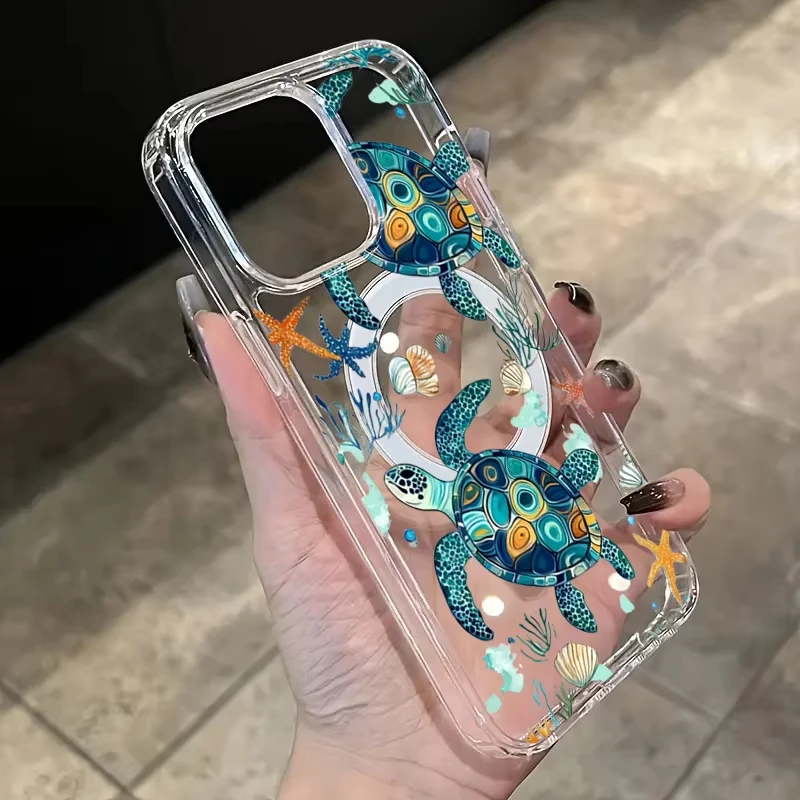Sea Turtle & Sea Star Magnetic Clear Phone Case - Elegant Hard Cover