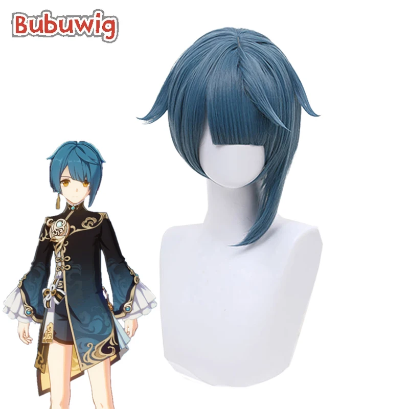 Bubuwig Synthetic Hair Genshin Impact Xingqiu Cosplay Wig Halloween 30cm Short Blue Men Wigs With Flat Bangs Heat Resistant