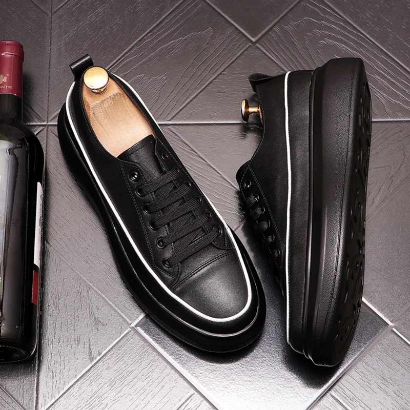 

mens casual black white flats shoes lace-up original leather shoe brand designer platform sneakers breathable street footwear