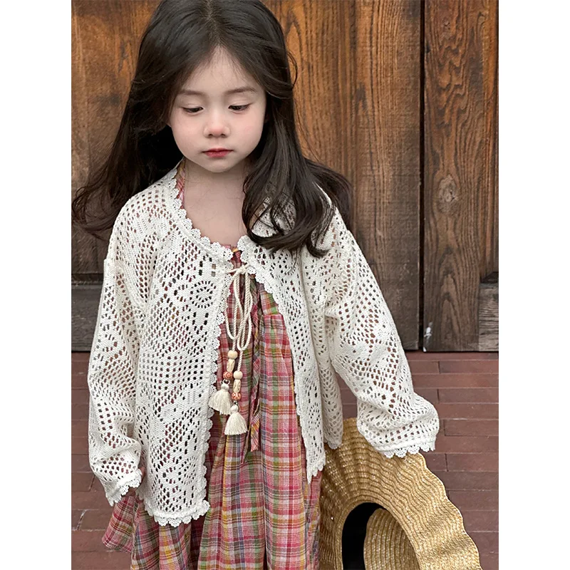 여아용 할로우 아웃 자외선 차단 커버 업 셔츠, 레이스 가디건, 심플 패션, 달콤한 2024, 여름 신상