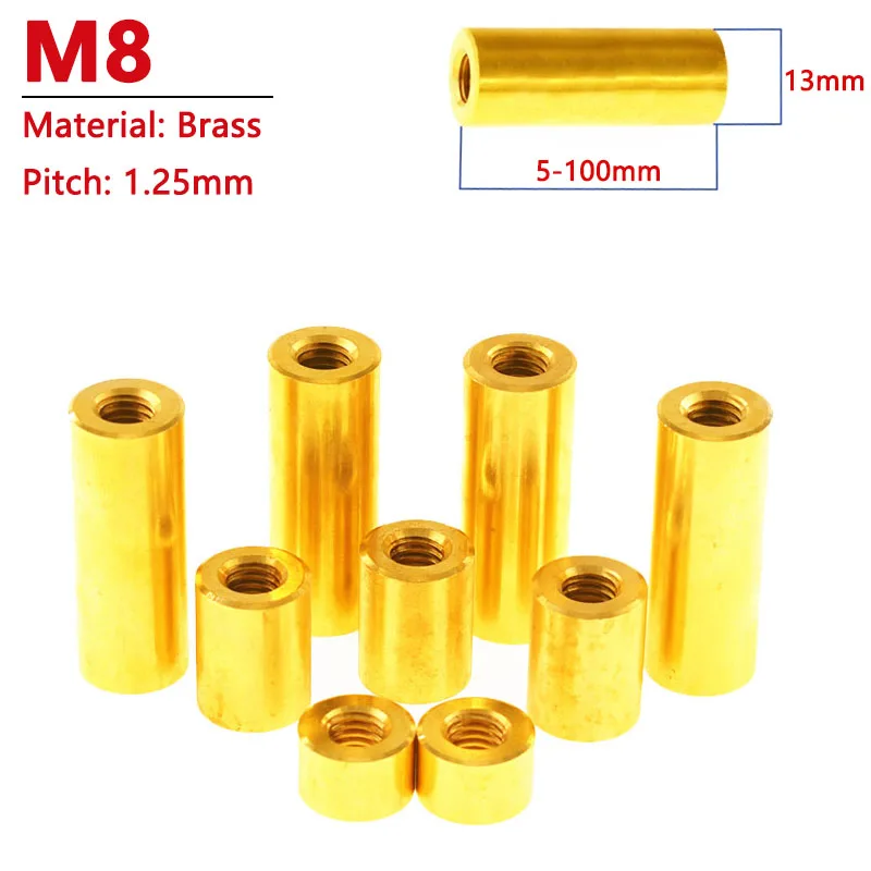 

1pc M8 Brass Round Coupling Nut Female Thread Cylindrical Stud Standoff Sleeve Double Pass Hollow Pillar Width 13mm L=5-100mm