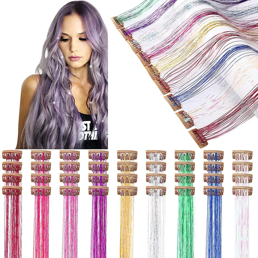 Rainbow Colorful Shiny Threads Glitter Hair Tinsel Kit Gold Silk Hair Glitter String Extensions Accessories for Women Headdress