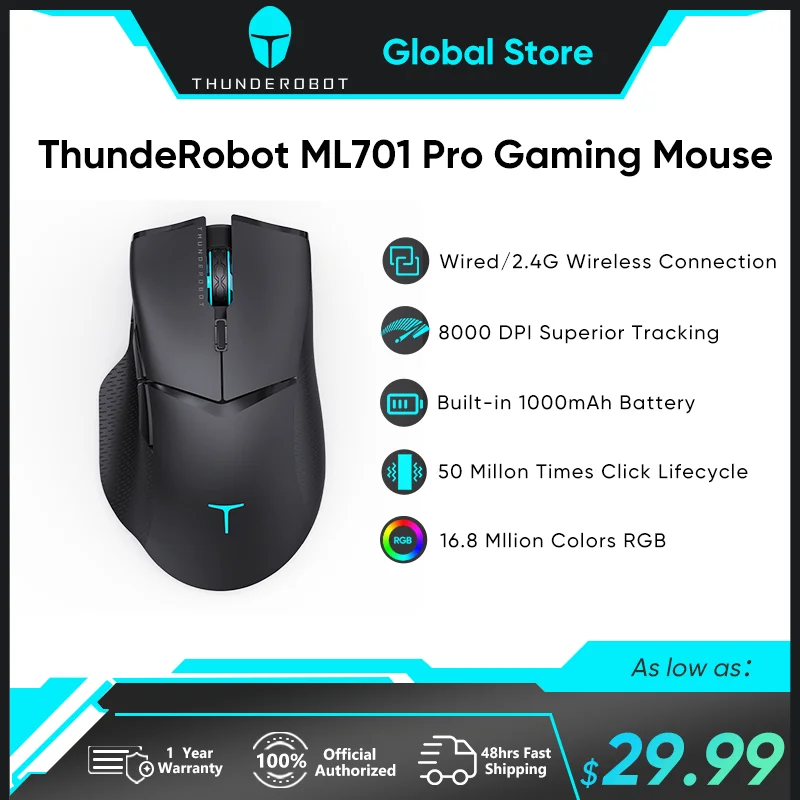 Pro Wireless Gaming Mouse 2.4g com Fio Rgb Gamer 8000 Dpi 1000mah Laptop pc Gaming Thunderobot-ml701