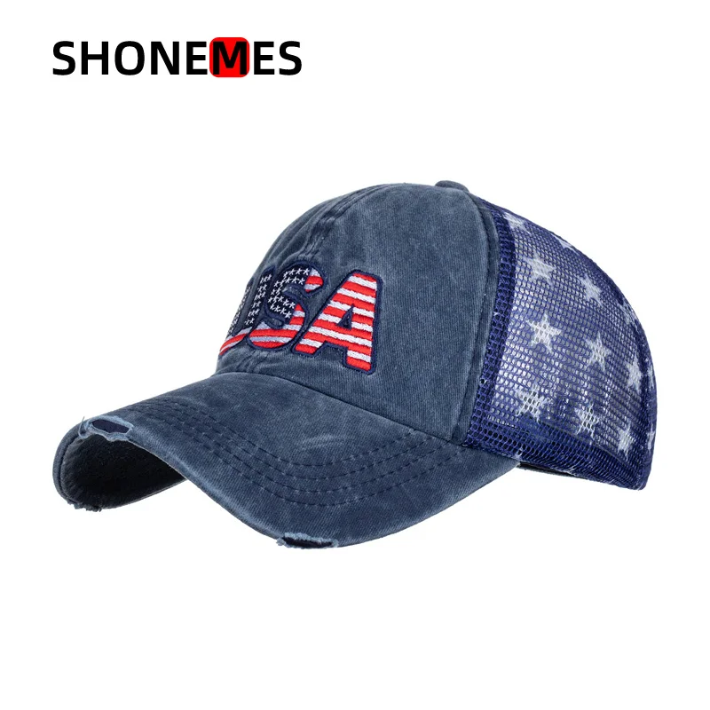 

ShoneMes Embroidery USA Mesh Snapback Cap Stars Sports Basetball Caps Outdoor Adjustable Broken Truck Hat for Men Women