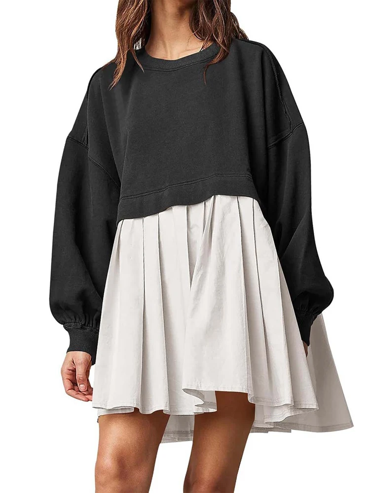 

2023 Autumn Loose Patchwork Dress Women Winter Long Sleeve Party Dress Ladies Midi Pleated Dress For Women