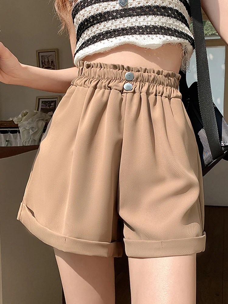 

Women's Curled Edge Design Straight Shorts Summer New High Waisted Suits High Waisted Lace Up Loose Wide Leg Pants A89