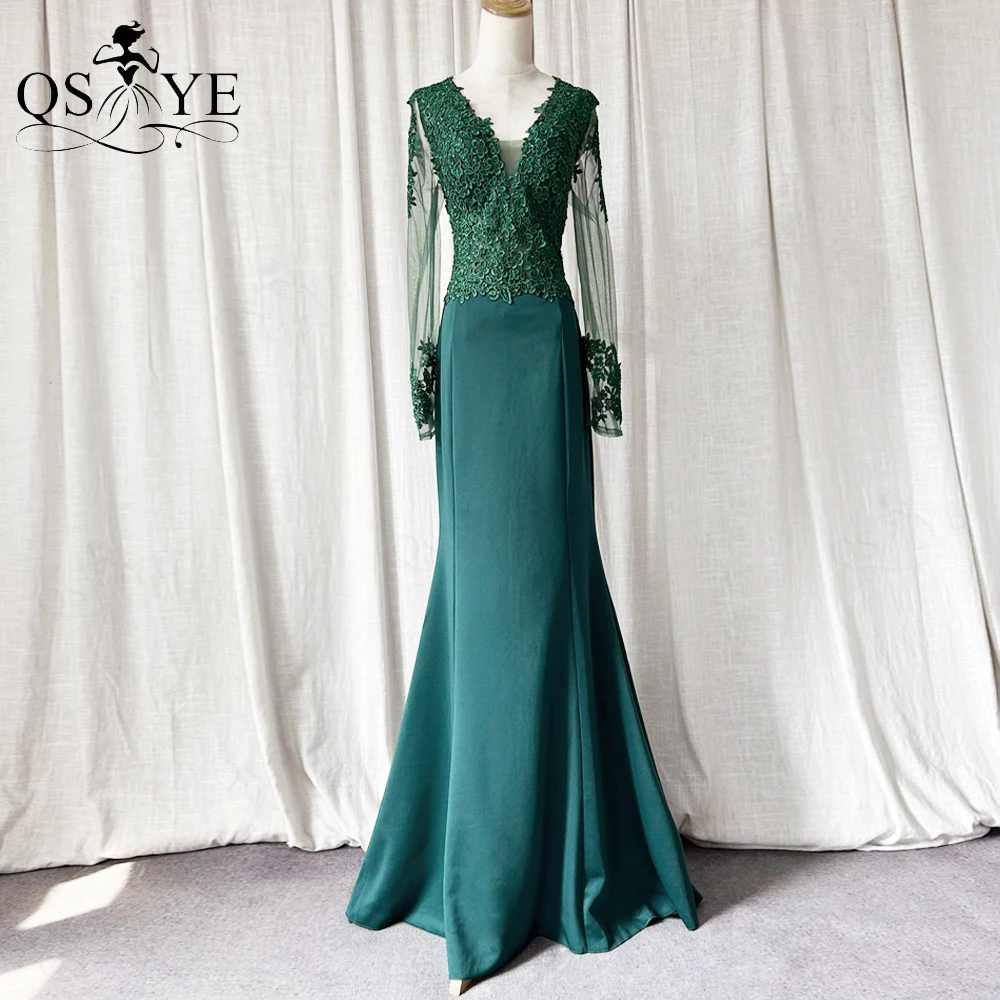 

Зеленое кружевное выпускное платье с длинным рукавом, эластичное атласное платье-Русалка с блестками и аппликацией, официальное платье с V-образным вырезом, вечернее платье с изумрудами