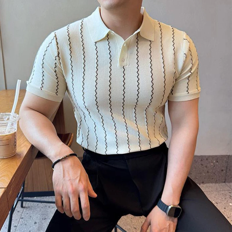 2025 Spring Summer New Casual Mens Polo Shirt Vintage Striped Crochet Buttoned Polo Neck Knit Tops Men Fashion Slim Fit Polos 10 S9f5426eb02a846eea79fc825484f12b1K
