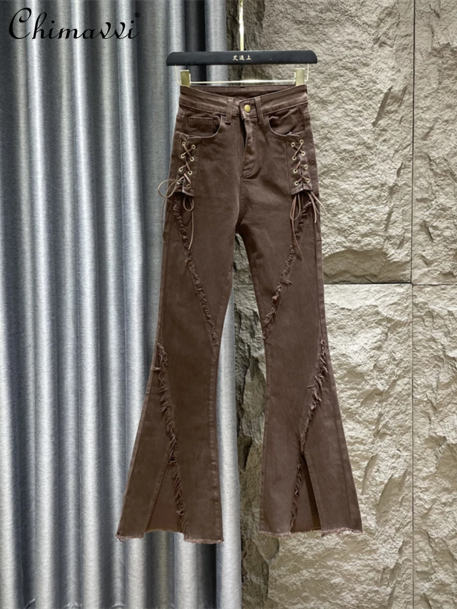 

European 2022 Spring Summer Hot Girl Fashion Streetwear Denim Pants Women's Retro Stitching Edging Lace-up Split Skinny Jeans