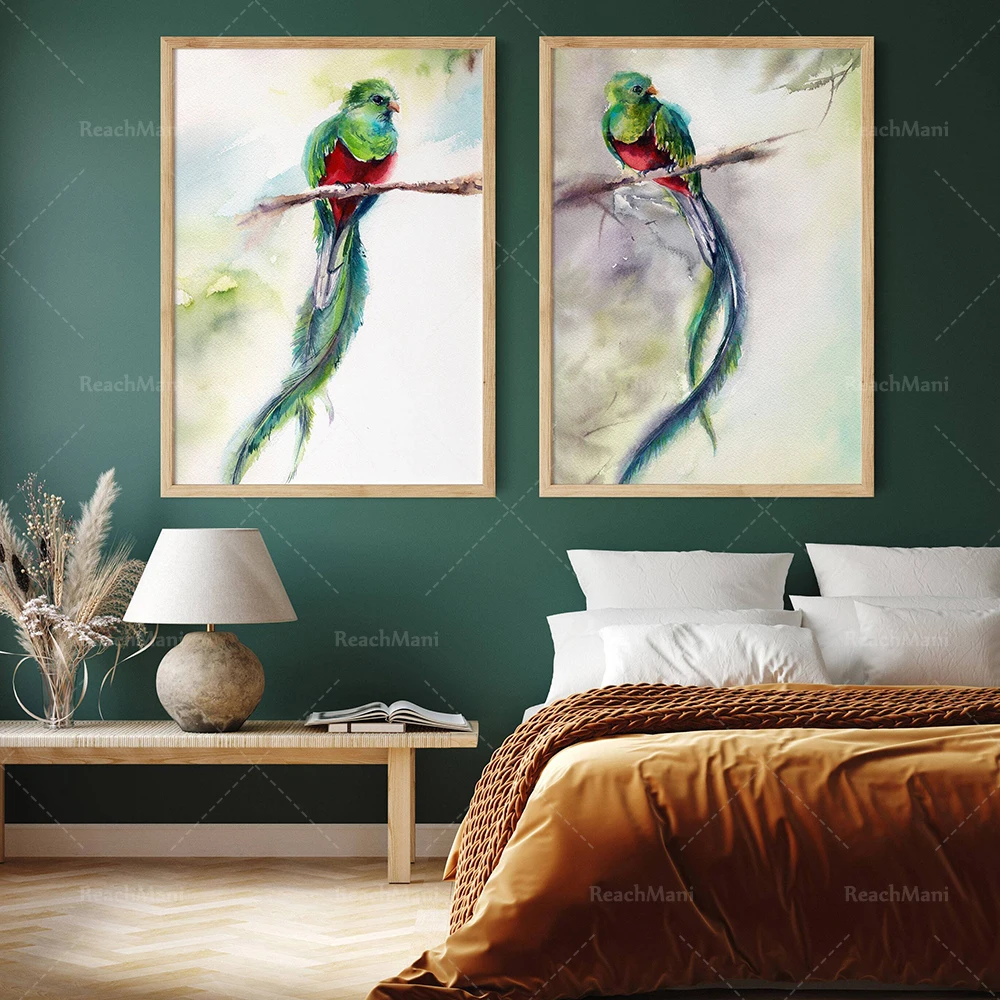 Quetzal 버드 아트 프린트, 그린 레드 버드 수채화 그림, 갤러리 월 버드 캔버스 페인팅, 열대 조류 벽 장식 포스터