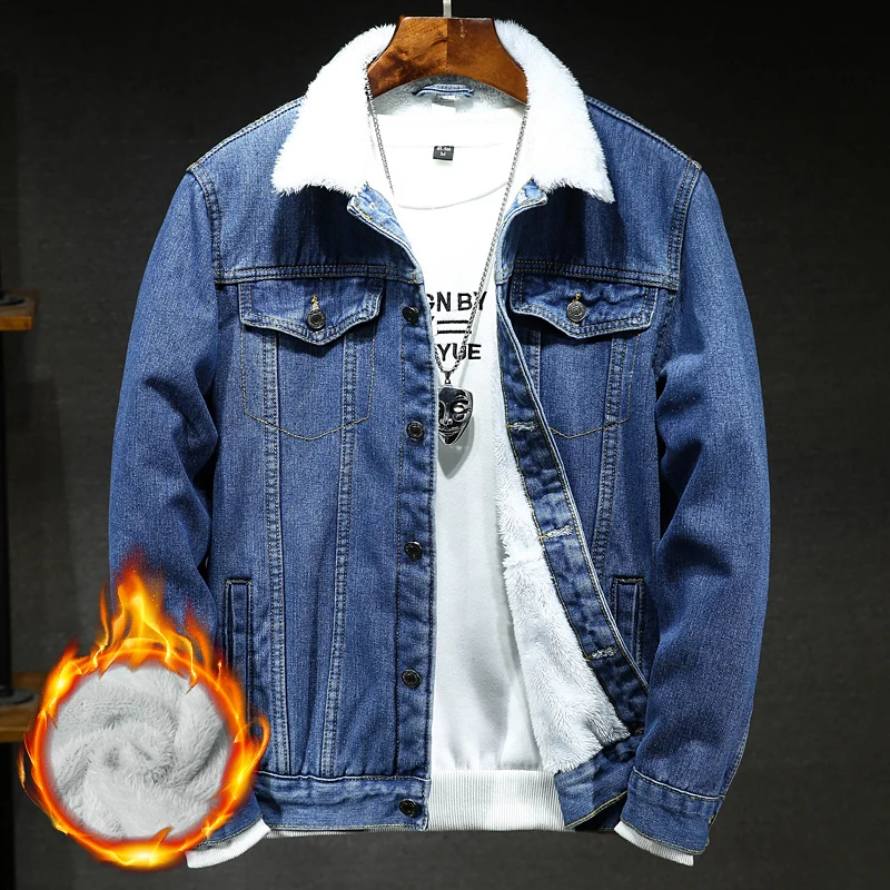 

2022 Autumn and Winter Brand Fleece Thick Warm Slim Denim Jacket Classic Trend Young Men's Fashion Fitted Lapel Jacket