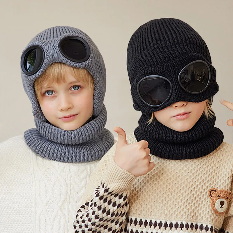 Skiing Children Winter Hat Scarf Set Knitted Kids Beanie